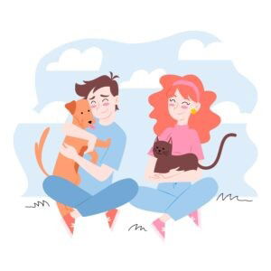 Een getekende hond en kat die door hun baasjes geknuffeld worden