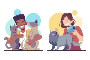 Getekende mensen die hun dieren knuffelen en verzorgen