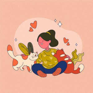 Een getekende vrouw die op de grond zit en haar twee katten aait