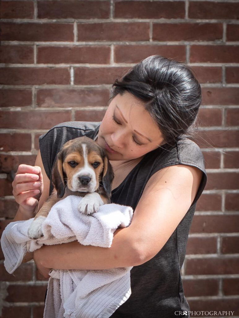 Sandy houdt één van haar beagles vast met een handdoek op haar arm